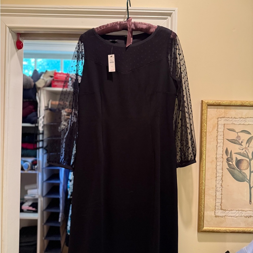 Talbots Elegant Black Dress with Sheer Sleeves